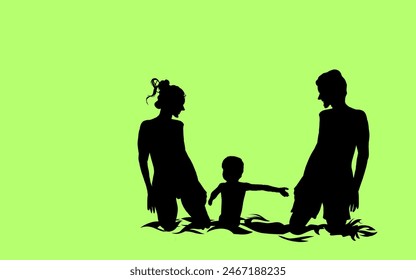 mother, father and child vacationing on the beach with a green background