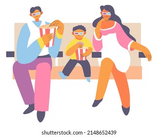 Mother and father with child watching movies and eating popcorn in public cinema. Rest and enjoyment on weekends, mom and dad with son wearing 3d glasses. Sitting on chairs. Vector in flat style