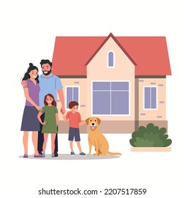 Madre y padre con hijos y perro frente a la nueva casa. Familia feliz aislada.Ilustración de estilo plano vectorial