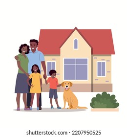 Madre y padre con hijos y perro frente a la nueva casa. Feliz aislamiento familiar de piel oscura. Ilustración de estilo plano vectorial