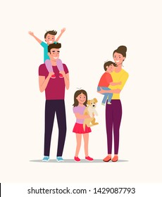 Mother and father with children and dog. Happy family isolated.Vector flat style illustration