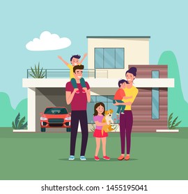 Mother and father with children and dog. Happy family isolated. New house and carVector flat style illustration