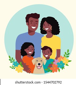 Mother and father with children and dog. Happy afro american family. Vector flat style illustration