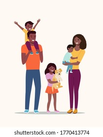 Mother and father with children and dog. Happy afro American family isolated.Vector flat style illustration