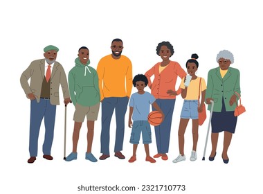 Madre y padre con hijos. Familia negra feliz aislada.Ilustración de estilo plano vectorial