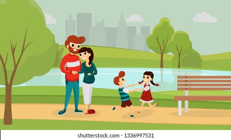 Mother and father with children having fun in the park flat style vector illustration