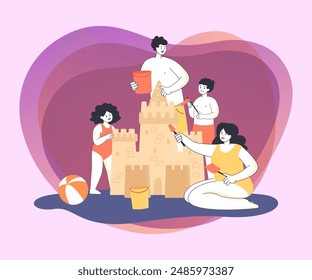 Mother, father and children making sand castle together. Summer scene with happy people playing together flat vector illustration. Family vacation concept for banner