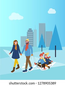 Mother and father with children on sleds in park vector. Snowy city with skyscrapers toddlers sitting on sledges, parents walking wintertime season