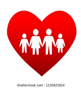 mother, father and children over red heart on white background, family concept. stock vector illustration
