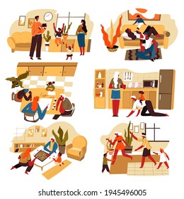 Mother and father with children playing board games and spending time at home. Man and woman with kids drawing and taking photo on tablet, reading books and having fun night. Vector in flat style