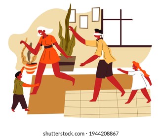 Mother and father with children playing games at home, man and woman hide and seek with kids. Mom and dad with son and daughter, quarantine fun and leisure in house on weekends. Vector in flat style
