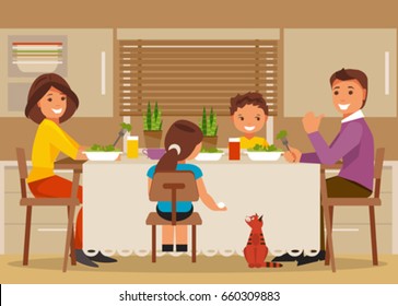 Mother, father and children sit at the table in the kitchen for dinner. Concept of a happy family. Vector illustration