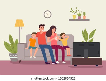 Mother and father with children sitting on sofa and watching TV in the living room. Happy family.Vector flat style illustration