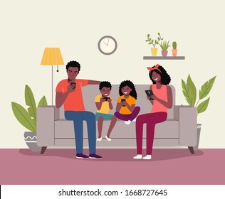 Mother And Father With Children Sitting On The Sofa With Smartphones. African American Family. Vector Flat Illustration