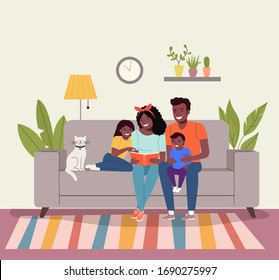 Mother and father with children sitting on sofa and reading a book. Afro american family. Vector flat style illustration