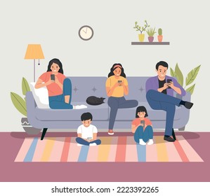 Mother and father with children sitting on the sofa with smartphones. Vector flat illustration