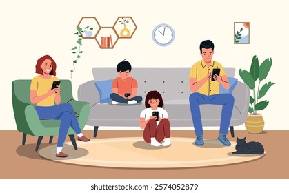 Mother and father with children sitting on the sofa with smartphones. Vector flat illustration