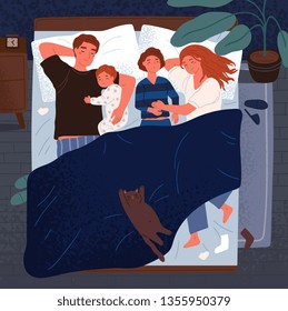 Mother, Father And Children Sleeping Together On One Bed. Mom, Dad And Kids Embracing Each Other And Slumbering At Night. Happy Loving Adorable Family. Flat Cartoon Colorful Vector Illustration.