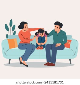 Mother and father comfort their daughterr on the sofa. Vector flat cartoon illustration