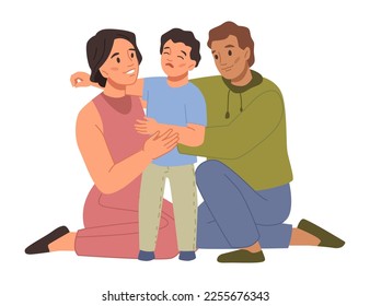 Mother and father comforting and calming down crying upset kid. Isolated parents cuddling toddler, dad and mom love and care for child. Vector in flat style