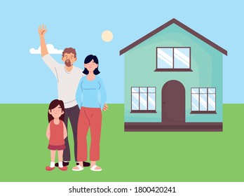 Mother father and daughter cartoons in front of house design, Family relationship and generation theme Vector illustration