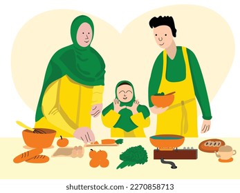Mother, Father and Daughter are cooking ingredients for iftar. Boys and girls are helping their mother to cook. Muslim family celebrating the month of Ramadan