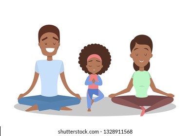 Mother, father and daughter doing yoga exercise. Healthy and active lifestyle. Parent and child in meditate in lotus position. Isolated flat vector illustration