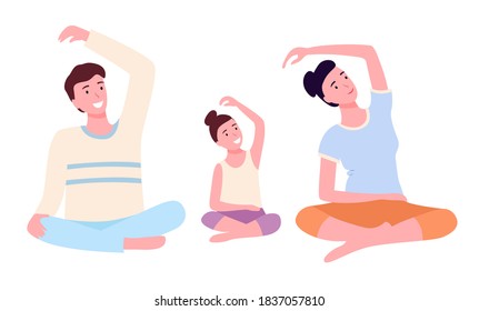 Mother, father and daughter doing yoga in lotus position in class. Happy family leads a healthy lifestyle, joint active pastime, common family sports. Family doing yoga isolated on white background