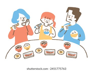 Mother, father and daughter eating breakfast together_Color