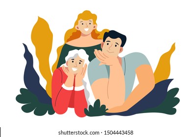 Mother, father and daughter, family portrait isolated characters vector. Wife and husband, kid or child, parents and girl, relationship and friendship. Taking picture or group photo abstract plants