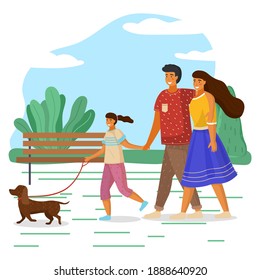 Mother, father and daughter family weekend, people walk with pet in summer park. Happy smiling family holding each other's hand, hugging, walking together outdoor with small dachshund dog sunny day