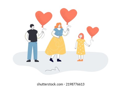 Mother, father and daughter holding balloons in shape of heart. Tiny man, woman and kid standing together flat vector illustration. Family, love concept for banner, website design or landing web page