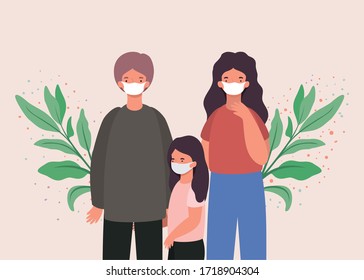 Mother father and daughter with masks and leaves design of Covid 19 virus theme Vector illustration