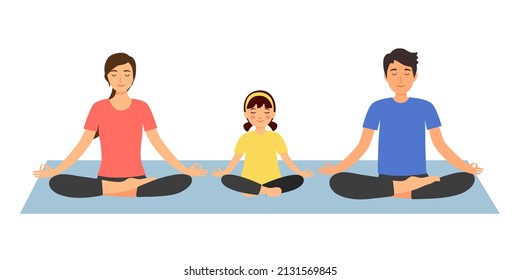 Mother, father and daughter meditating in flat design on white background. Family doing meditation training together.