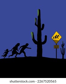 A mother, father and daughter run in the desert at night. This is the same family that appears on alien crossing signs near the USA Mexico border. 