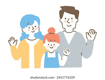 Mother, father and daughter smiling and waving_Color