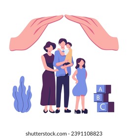 mother father daughter son cuddling together near family protection flat vector illustration design