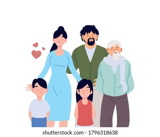 Mother father daughter and son with grandfather cartoons design, Family relationship and generation theme Vector illustration