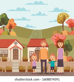 Mother father daughter son houses and trees design, Family relationship generation lifestyle person character friendship and portrait theme Vector illustration