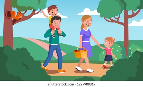 Mother, father, daughter, son kids walking in summer countryside park with trees, squirrel. Happy child cartoon character sitting on dad shoulders. Family enjoying nature. Flat vector illustration