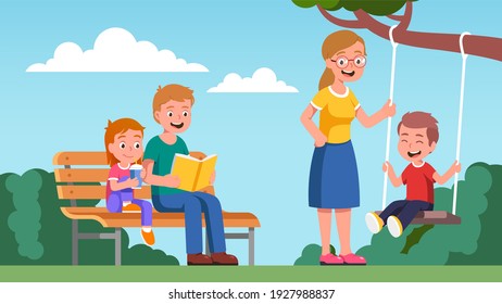 Mother, father, daughter, son kids walking in summer park. Dad reading book to girl sitting on bench. Mom swinging boy child on swing. Family enjoying outdoors. Parenting flat vector illustration