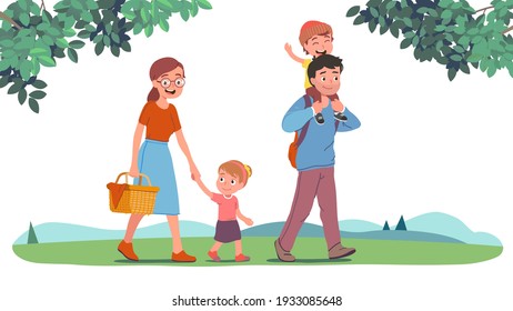 Mother, father, daughter, son kids walking in summer countryside park with trees, squirrel. Happy child cartoon character sitting on dad shoulders. Family enjoying nature. Flat vector illustration