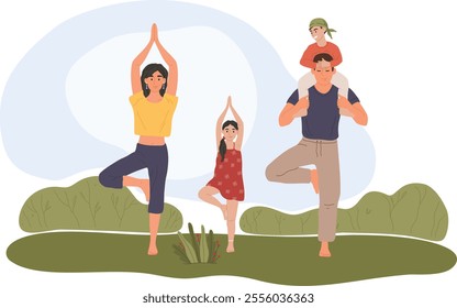 Mother, father, daughter, and son practicing yoga together in tree pose, surrounded by lush greenery in a park, cherishing quality time and embracing a healthy, active lifestyle