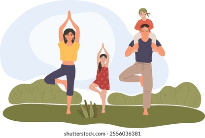 Mother, father, daughter, and son practicing yoga outdoors in a park, maintaining balance in the tree pose, promoting healthy lifestyle and family bonding