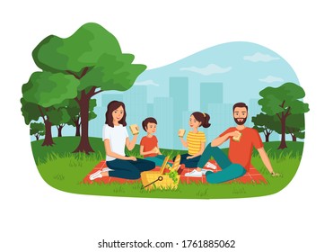 Mother, father, daughter and son sitting with a picnic basket. Сoncept of young happy family having a picnic in a city park, spending time together outdoors, active weekend.Cartoon vector illustration