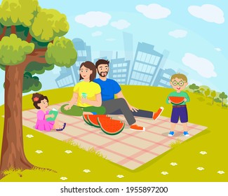 Mother, father, daughter and son sitting on a blanket with a watermelon. Concept of young happy family, picnic in city park, joint time outdoors, active weekend. Cartoon vector illustration.