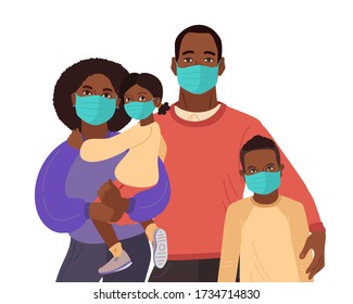 Mother Father daughter and son wear medical masks. Virus and disease prevention. African American Persons. Vector Family illustration