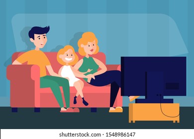 Mother, father and daughter watch TV at the home. Family on the sofa in living room. Home interior. Kid and parent lifestyle. Quarantine, stay home, stay healthy.