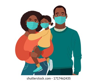 Mother Father and daughter wear medical masks. Virus and disease prevention. African American Persons. Vector Family illustration