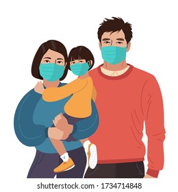 Mother Father daughter wear medical masks. Virus and disease prevention. Asian Persons. Vector Family illustration